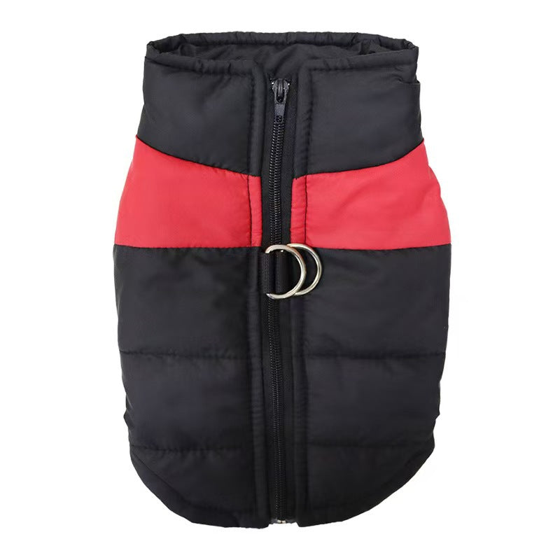 Black quilted vest with red chest panel