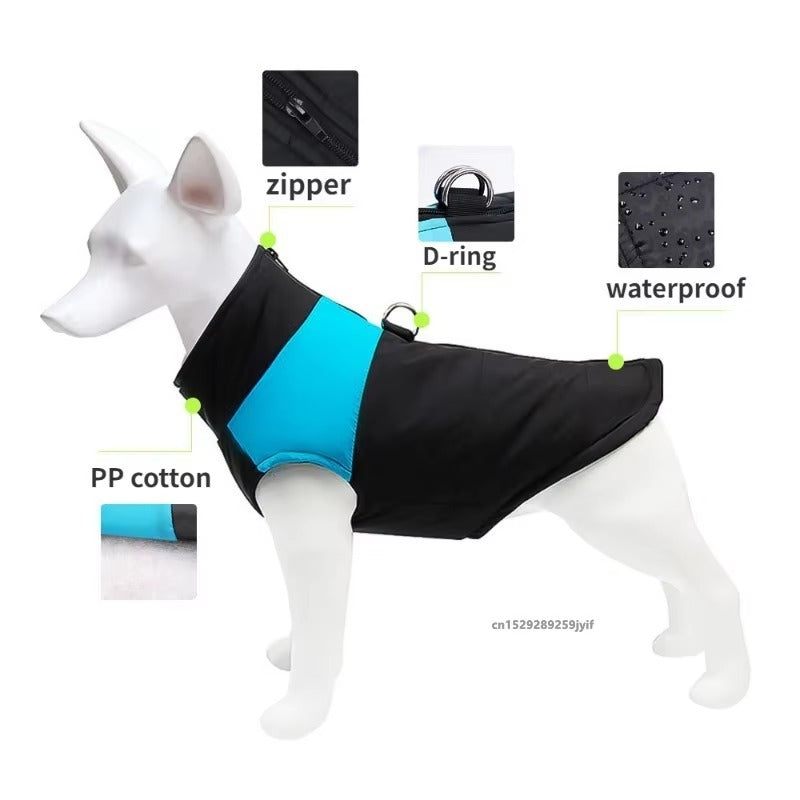 Feature callouts: zipper, D-ring, water-resistant shell, PP cotton fill