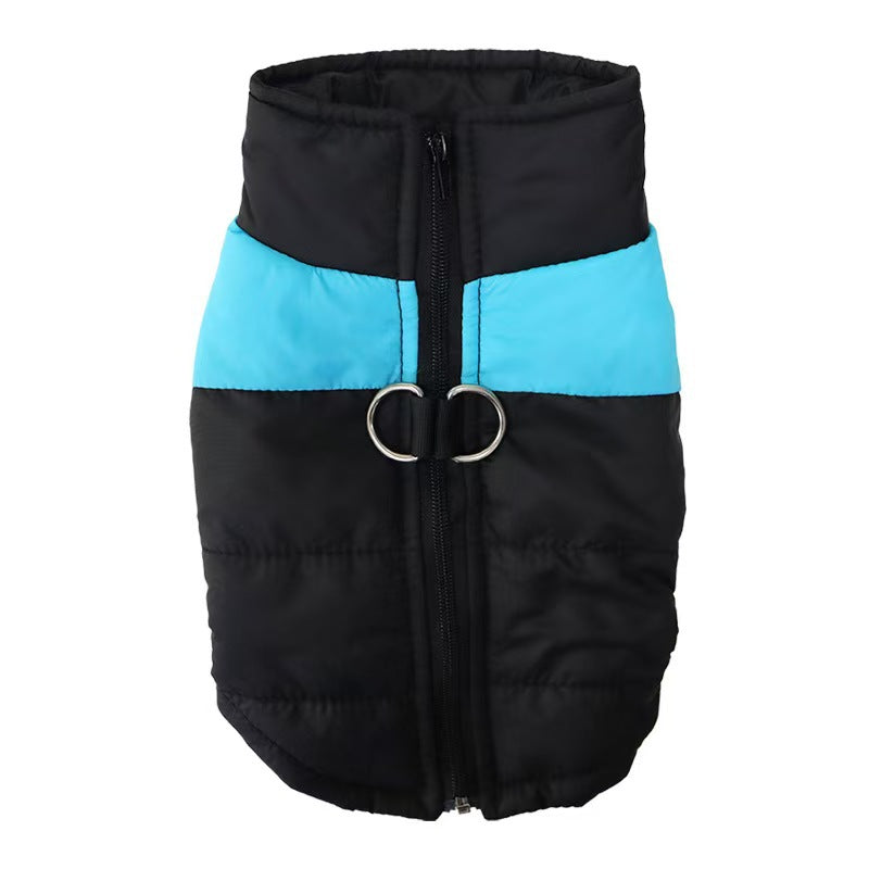 Black quilted vest with blue chest panel
