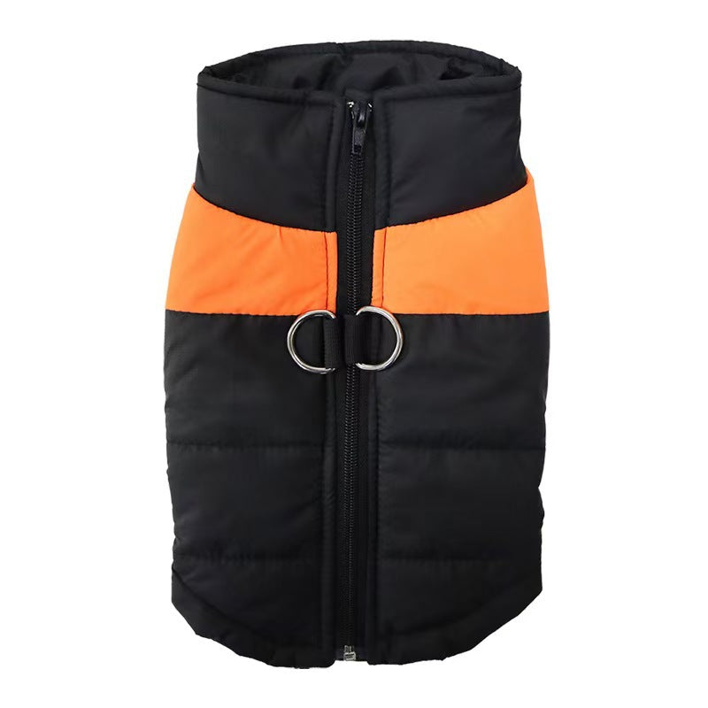 Black quilted vest with orange chest panel